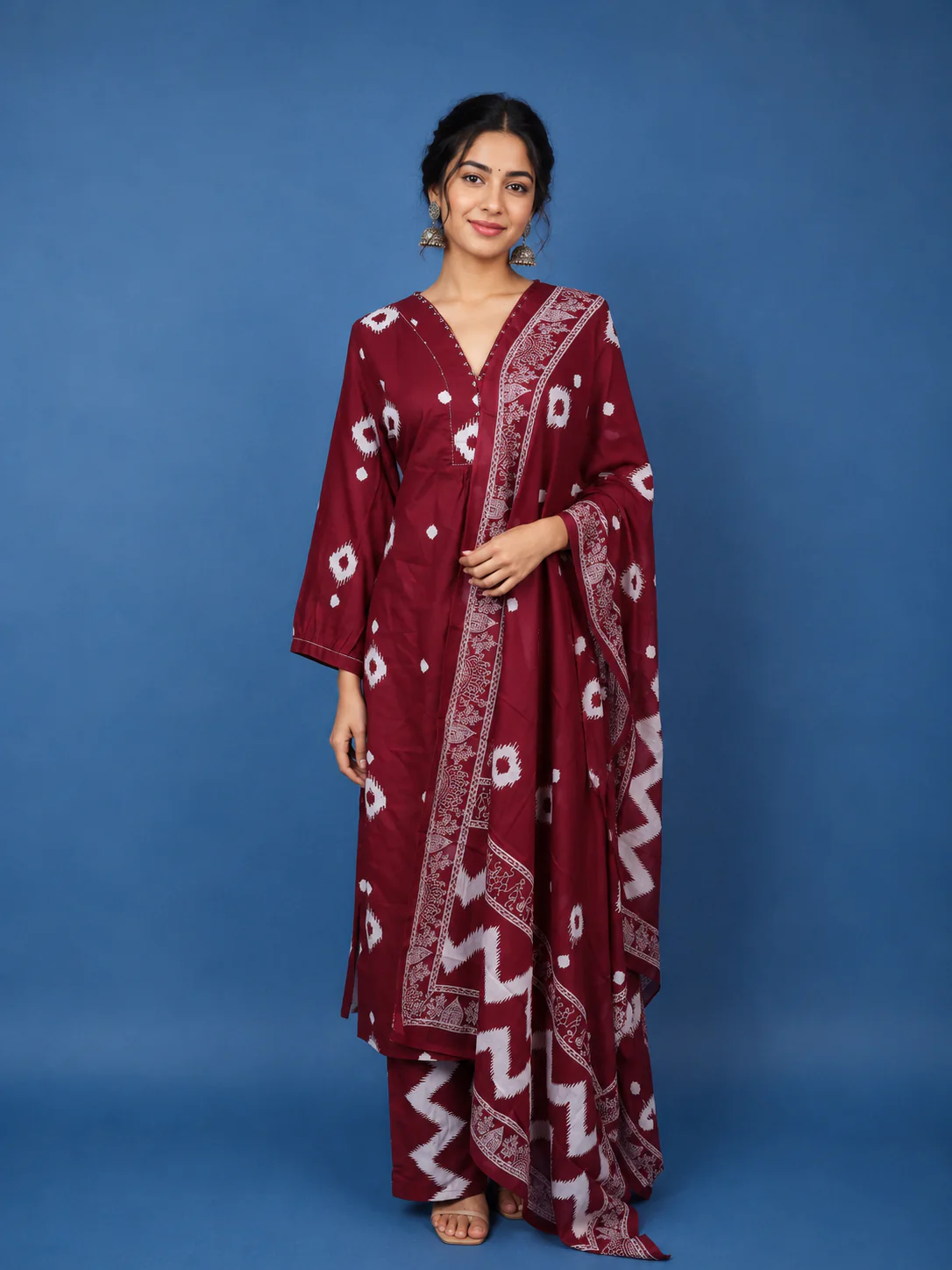 Dark Red Abstract Designed Cotton Salwar Suit